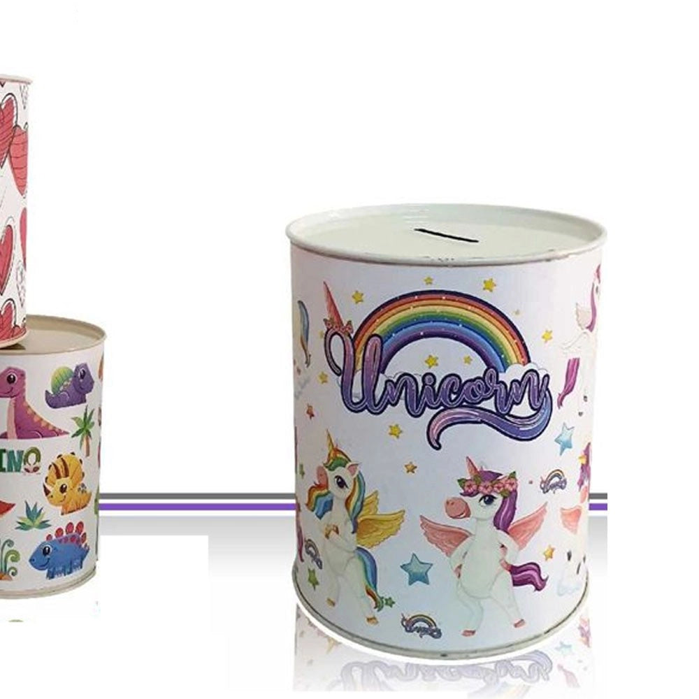 Trade Shop - Set 2 Pezzi Salvadanaio Latta Mini Monete Banconote Apertura Disegni Misti 11 Cm -