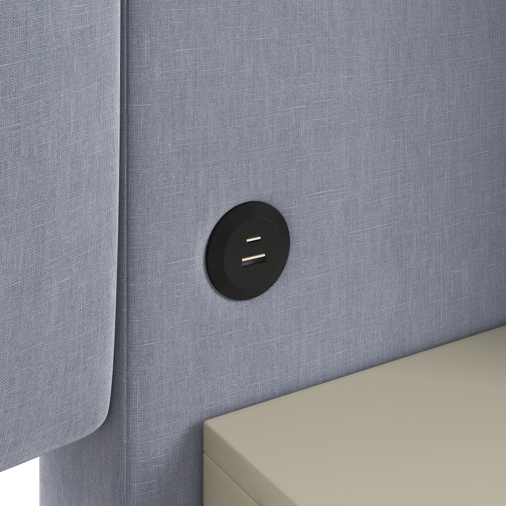 Letto contenitore 140x200 cm imbottito in lino grigio con sollevamento idraulico e LED