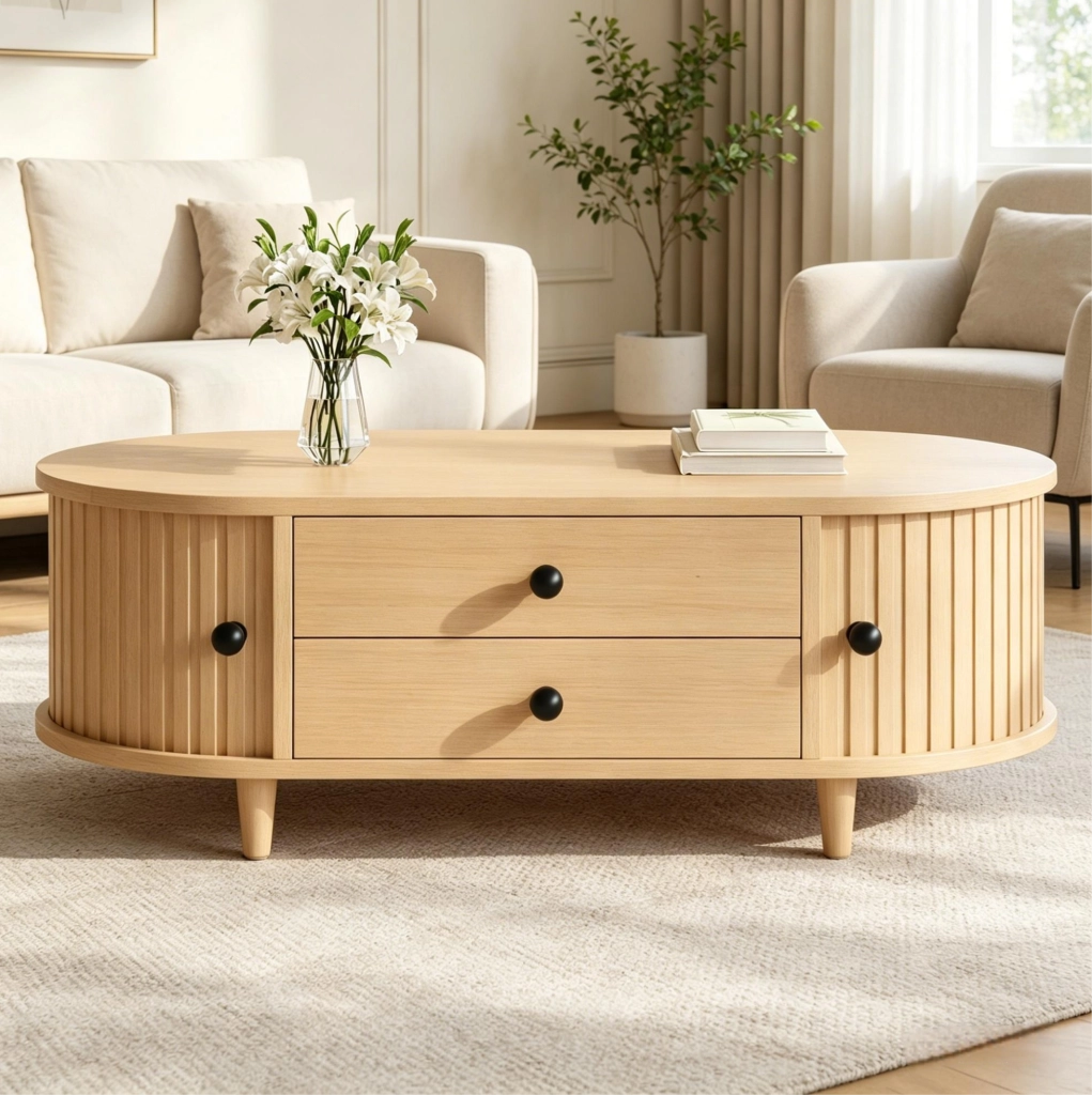 Tavolino da salotto 100x50x36 cm con ante scorrevoli e 2 cassetti in MDF naturale