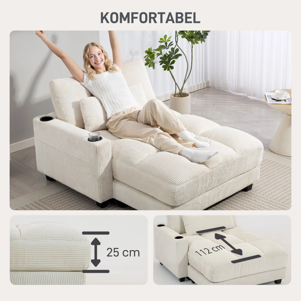 Divano letto con cuscino e porta bicchiere ¨C zephmum ¨C crema, tessuto imbottito, 180x90