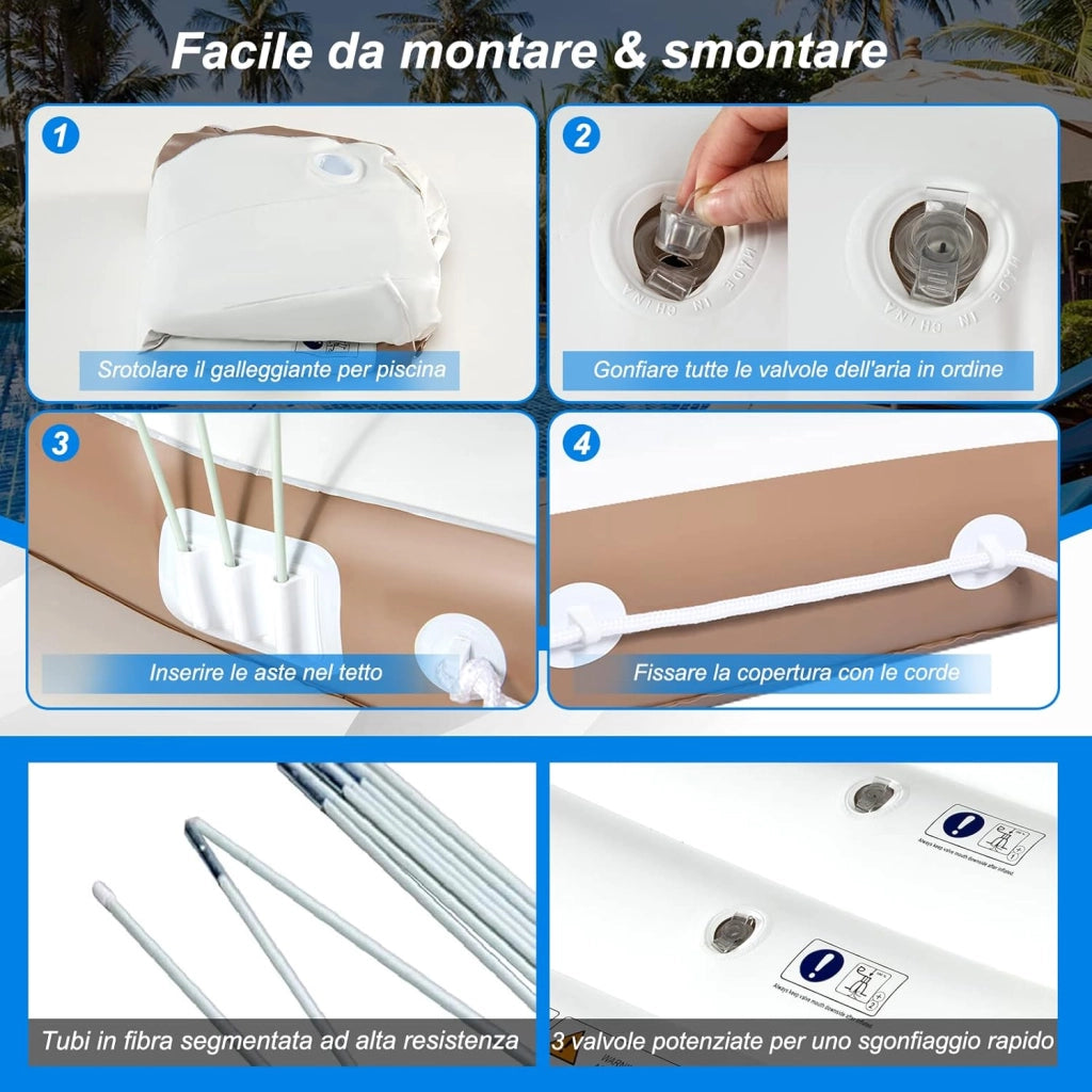 Letto Galleggiante Gonfiabile, Letto Galleggiante Mare con Tettuccio Retrattile e Rimovibile, 2 Porta Bicchieri, per Interna ed Esterna, UPF50+, Portata 200 kg