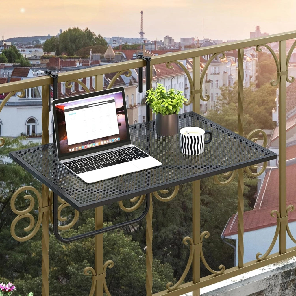 Tavolo da Balcone Appeso, Tavolo Pieghevole per Ringhiere fino a 6 cm di Spessore, Tavolino Salvaspazio per Ringhiere Esterne con Telaio in Metallo per Patio, Portico, Terrazza, Nero