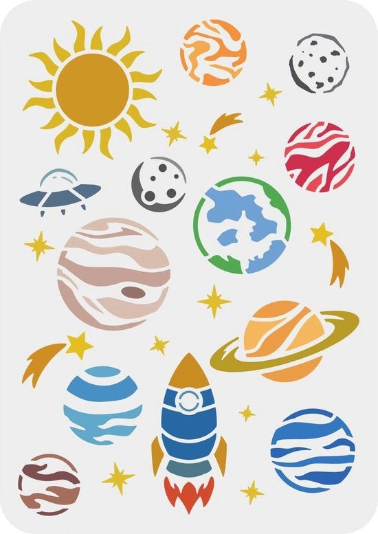 Stampo per pittura 29,7 x 21 cm - Stencil planetario riutilizzabile - Stampo per pittura con sole, luna e stelle per pavimento in legno e mobili