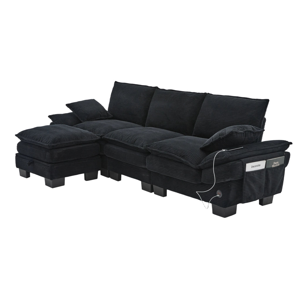 Divano modulare 3 posti in velluto a coste nero con pouf; porta USB-C e tasche laterali; 260x132x84 cm