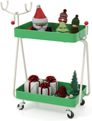 Carrello Portaoggetti con Ruote, Carrello Natalizio a 2 Ripiani con Ganci Superiori e Struttura in Metallo, Scaffale Decorativo di Renne, per Cucina, Soggiorno e Bagno, 55,5 x 28,5 x 66,5 cm