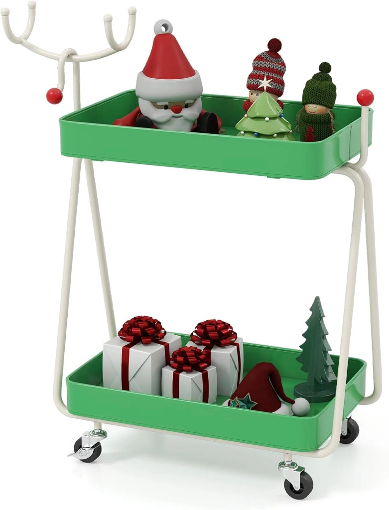 Carrello Portaoggetti con Ruote, Carrello Natalizio a 2 Ripiani con Ganci Superiori e Struttura in Metallo, Scaffale Decorativo di Renne, per Cucina, Soggiorno e Bagno, 55,5 x 28,5 x 66,5 cm