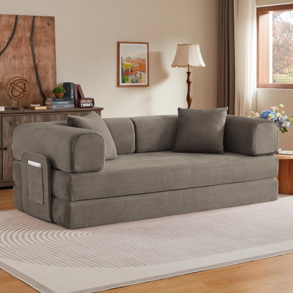 Divano letto in schiuma con due materassi da 17 cm e struttura in acciaio cromato, 2 cuscini, taupe
