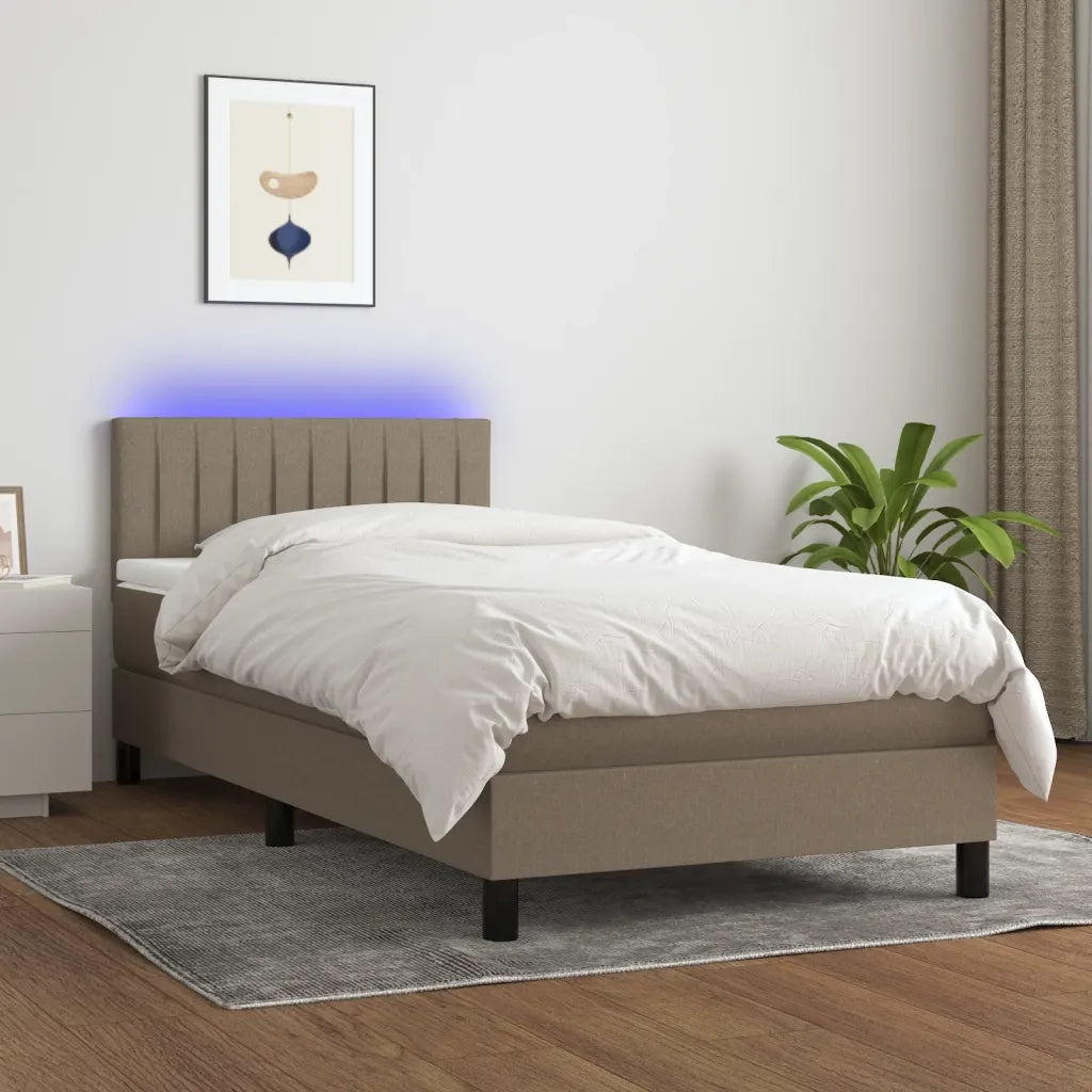 Letto singolo | Letto per adulti | Letto a Molle con Materasso e LED Tortora 90x190 cm in Tessuto