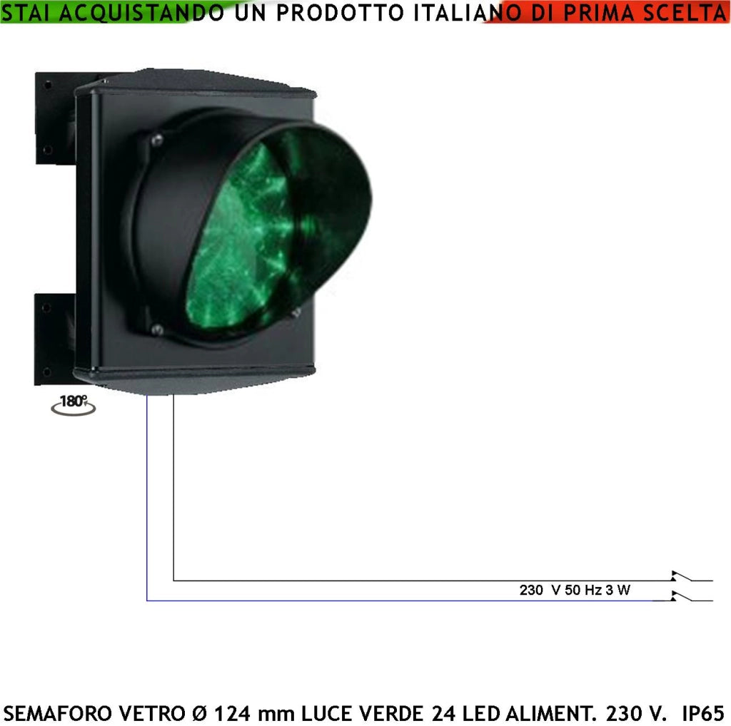 Semaforo Luce Led Scheda 24 Led Verdi Alimentazione 230 V 50 Hz 3 W Vetro Cerchi Concentrici Effetto Lente Luce Puntiforme Ø 124 mm IP65 Orientabile Orizzontale 180 Gradi Ripetitore Segnale Condominio