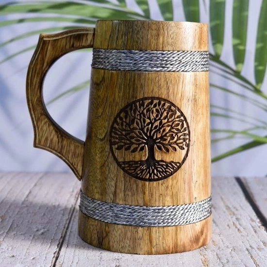 Stile Vichingo 22oz Bicchiere di Birra in Legno - Birra in Legno Naturale e Indiano - Regalo di Natale e Compleanno - Bicchiere di Birra in Legno di Mango Gravato