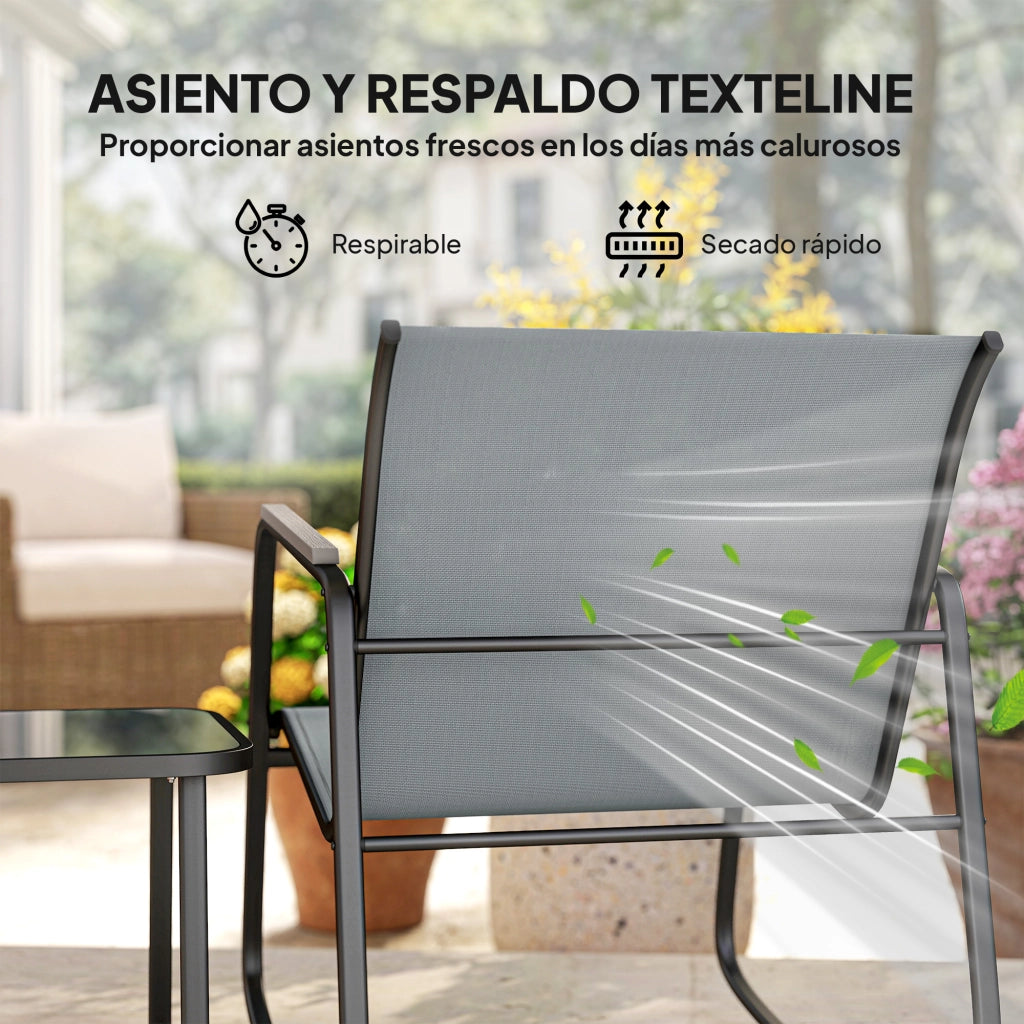 Set Giardino 3 Pezzi con 2 Sedie e Tavolo ¨C Zephmum ¨C Grigio, Acciaio, Vetro