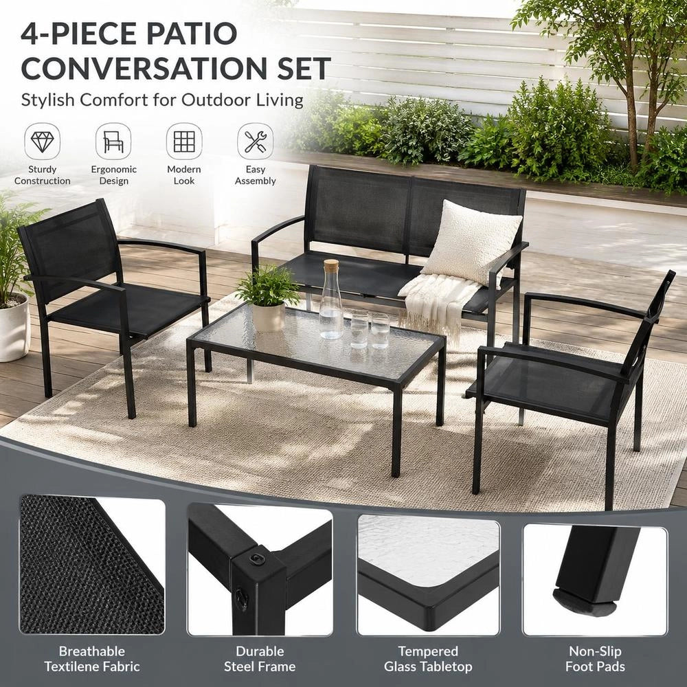 4-piece Garden Lounge Set, Textilene, Black