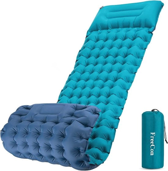 Matratza aereazione automatica, materasso gonfiabile, lettino da campeggio leggero, branda gonfiabile per adulti, per campeggio, trekking, per terra, per spiaggia (blu + verde turquesa, 10 cm)