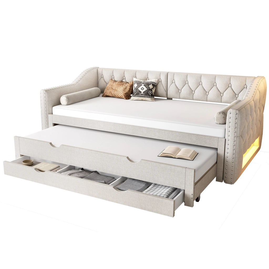 Letto Singolo 90x200 cm con LED; 3 Cassetti e Letto Estraibile in Beige