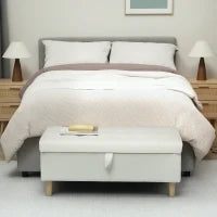 Poggiapiedi imbottito con vano portaoggetti, gambe in legno, rivestimento in tessuto morbido, Bianco crema