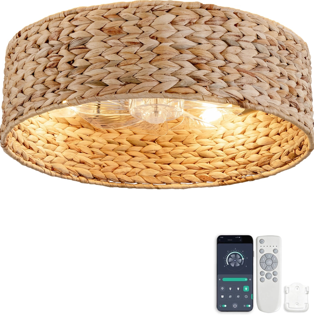 Ventilatore da soffitto ULEVR con luce, paralume in rattan, 6 velocit¨¤, app Bluetooth e telecomando, rame