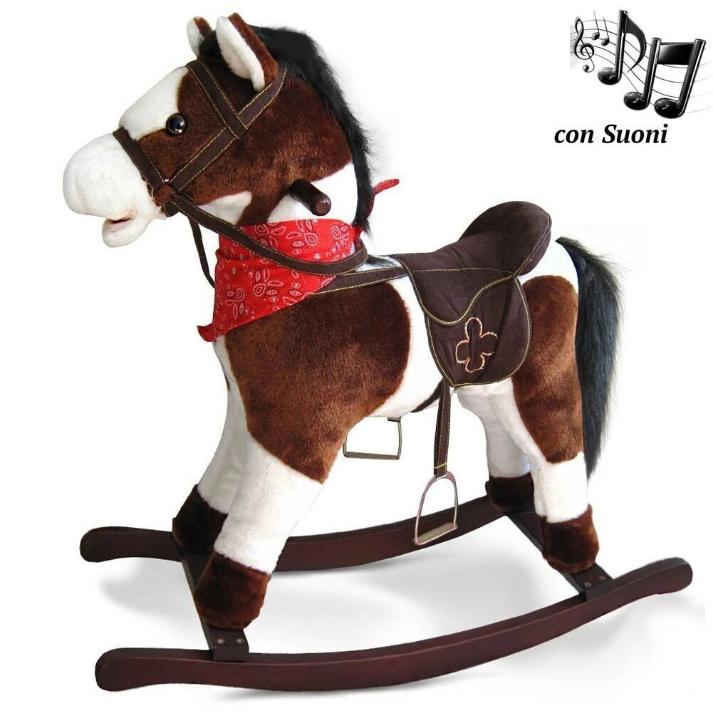Cavallo a Dondolo Con Effetti Sonori Realistici Legno e Peluche Bambini Infanzia