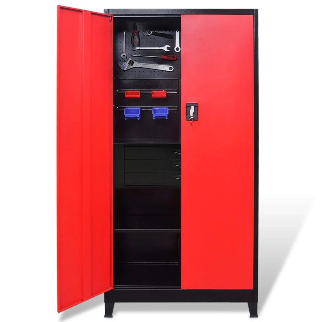 Mobiletto da officina con cassetta degli attrezzi contenitore carrello da officina 3 ripiani regolabili acciaio 180 cm rosso e nero 02_0003797