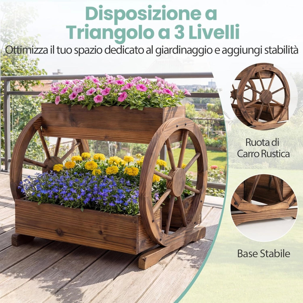 Fioriera a Carro in Legno, Letto da Giardino Rialzato a 2 Livelli con 3 Scatole, Fori di Drenaggio e Ruote, Carrello Decorativo per Fiori da Interno ed Esterno per Patio e Balcone