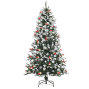 EasyComfort Albero di Natale Innevato 180cm con Bacche Rosse e Pigne Bianche, Base Rimovibile Pieghevole, 678 Rami, Verde