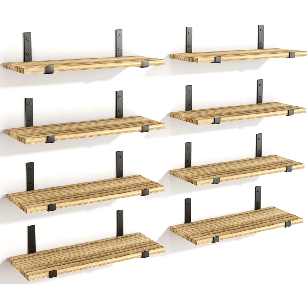 Set 8 Mensole da Parete in Legno Rovere Staffe Nero Scaffalatura da Muro 40x15cm