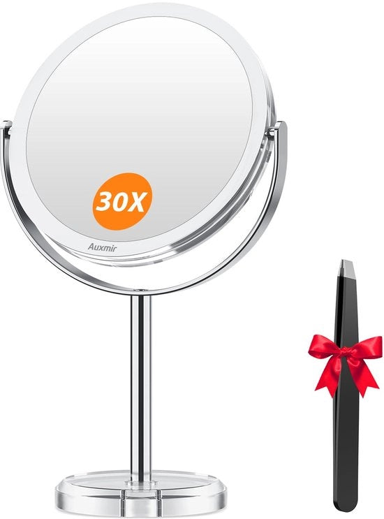 Specchio cosmetico 30x/1x, Specchio di ingrandimento 30x e 1x, Specchio da trucco a doppia faccia con ingrandimento, Specchio da tavolo con rotazione 360°, Specchio per barba per bagno camera da letto viaggi