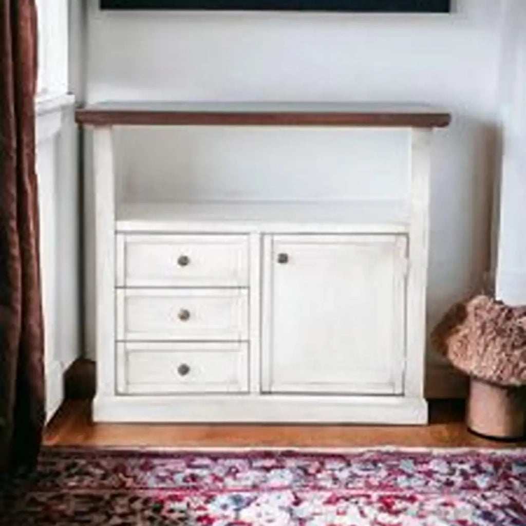 Mobile Porta tv Shabby chic bicolore bianco anticato e noce anta telaio, 1 anta 3 cassetti 1 vano