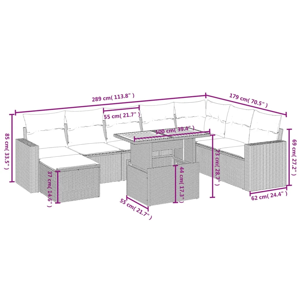 Set Divano da Giardino 9 pz con Cuscini Beige in Polyrattan