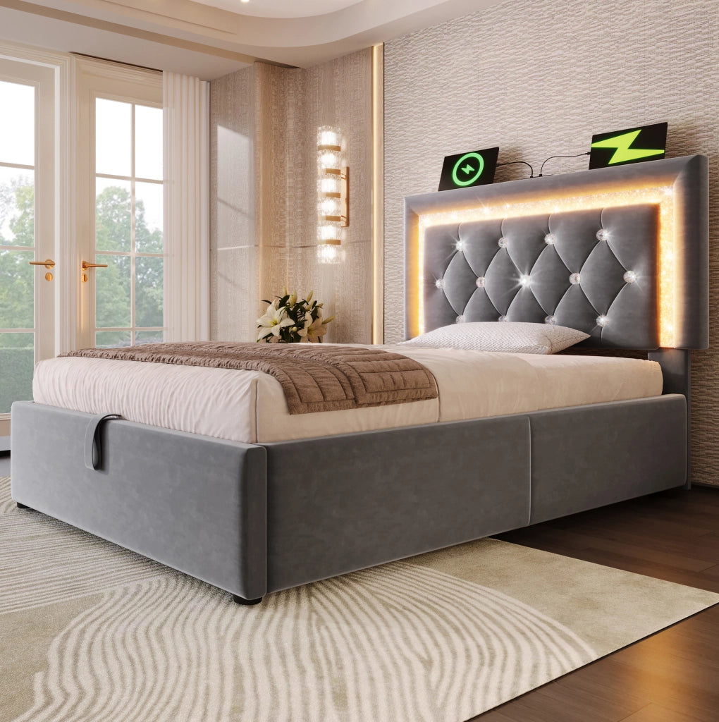 Letto singolo 90x200 cm in velluto con contenitore; LED e USB; grigio