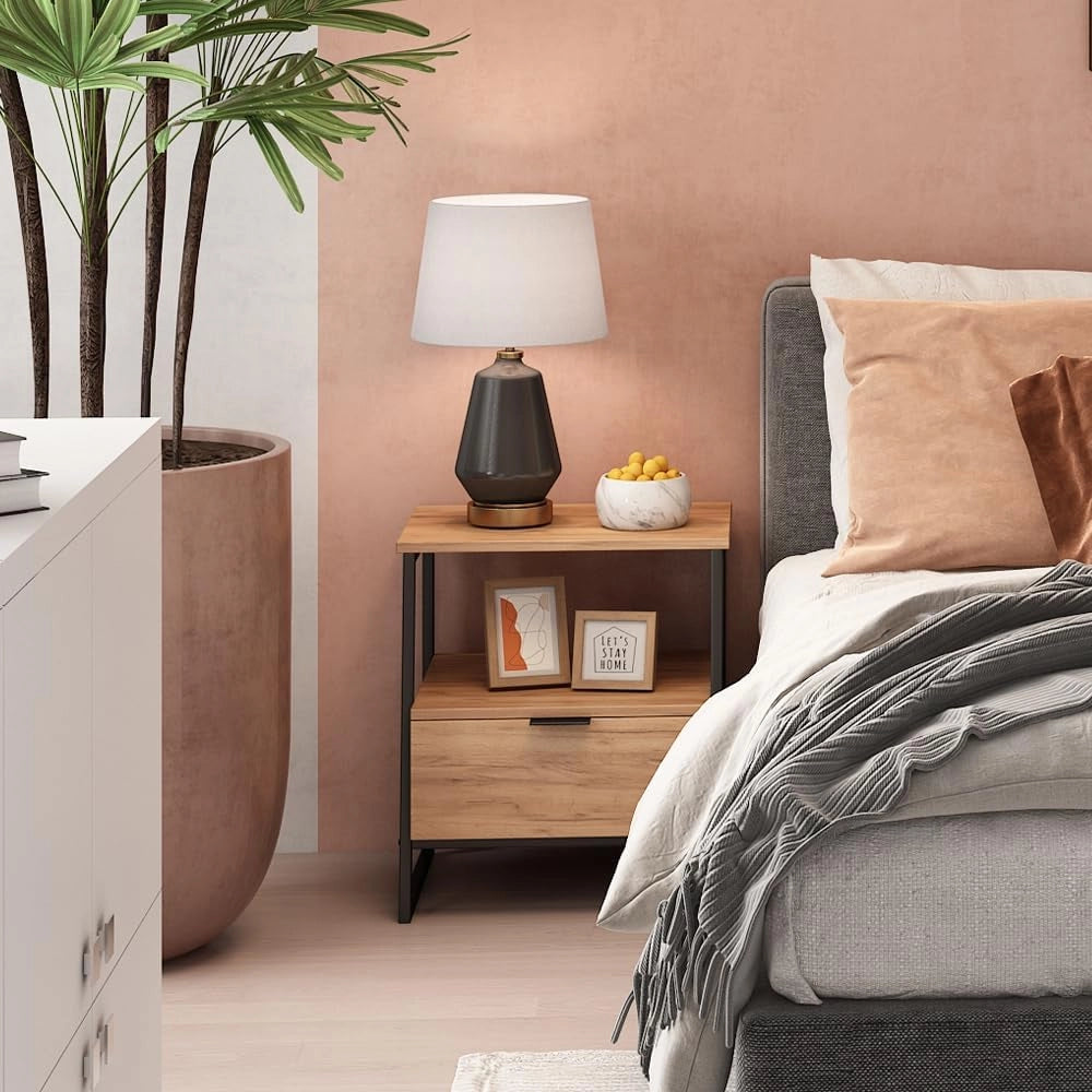 Comodino Lunor, Rovere rustico/nero, Set di 2