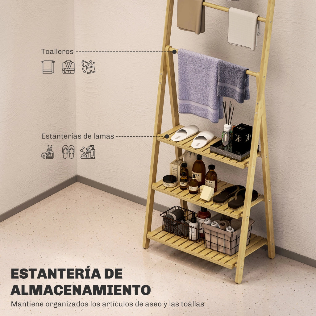 Rack da Bagno in Bamb¨´ Pieghevole 3 Ripiani con Barre ¨C zephmum ¨C Naturale 53.5x30x153 cm