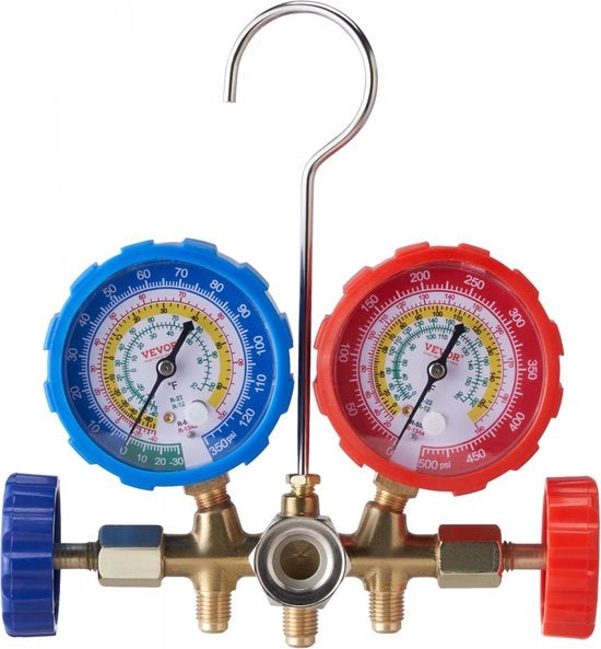 Set di manometri per refrigeranti 3 vie, compatibili con R134A-R22-R12-R502, composto da 4 pezzi di 5 metri di cavo di caricamento, manometro per refrigeranti AC, strumenti diagnostici per aria condizionata auto.