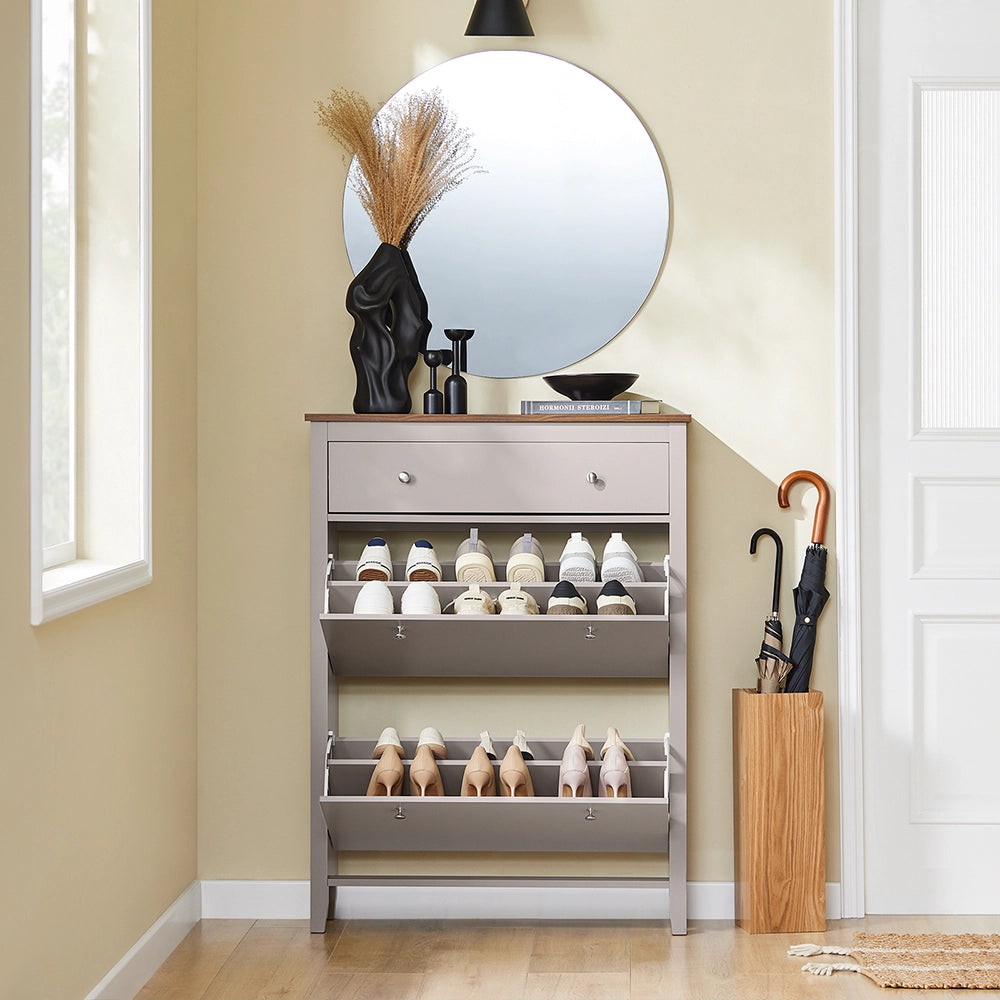 SoBuy Scarpiera Salvaspazio Slim Ingresso - Mobile Scarpiera con Cassetto e 2 Ante a Ribalta per 12 Paia - Design Nordico in Legno, Facile Montaggio, 78x24x108 cm, Marrone Chiaro, FSR89-KA