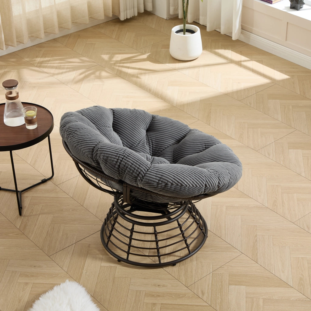 Poltrona Papasan girevole 360° con cuscino imbottito; ?92 cm; in acciaio e rattan PE grigio