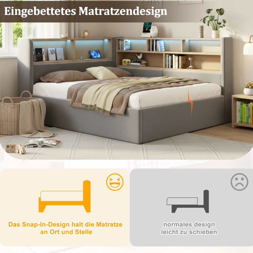 Letto contenitore imbottito in velluto grigio con LED; USB e Type-C