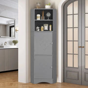 Mobiletto angolare da bagno con vani aperti e ante decorate; grigio