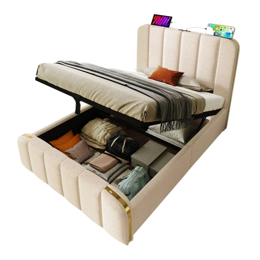 Letto singolo contenitore 90x200 cm con USB C e USB; testiera imbottita in lino beige