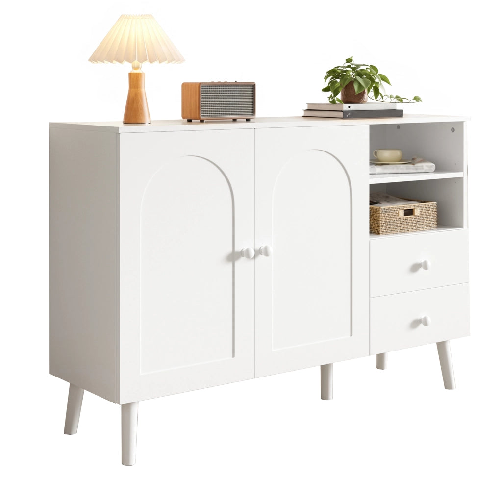 Sideboard 118x35x82 cm con ante curve in MDF e pannello truciolare bianco