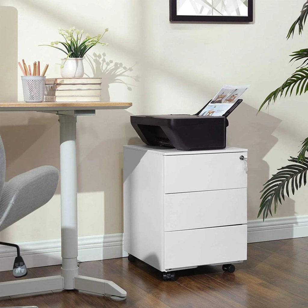 Mobiletto per ufficio in metallo con serratura 3 cassetti per documenti e cancelleria preassemblato per l'ufficio domestico 39 x 45 x 55 cm (L x P x A) bianco 12_0003687