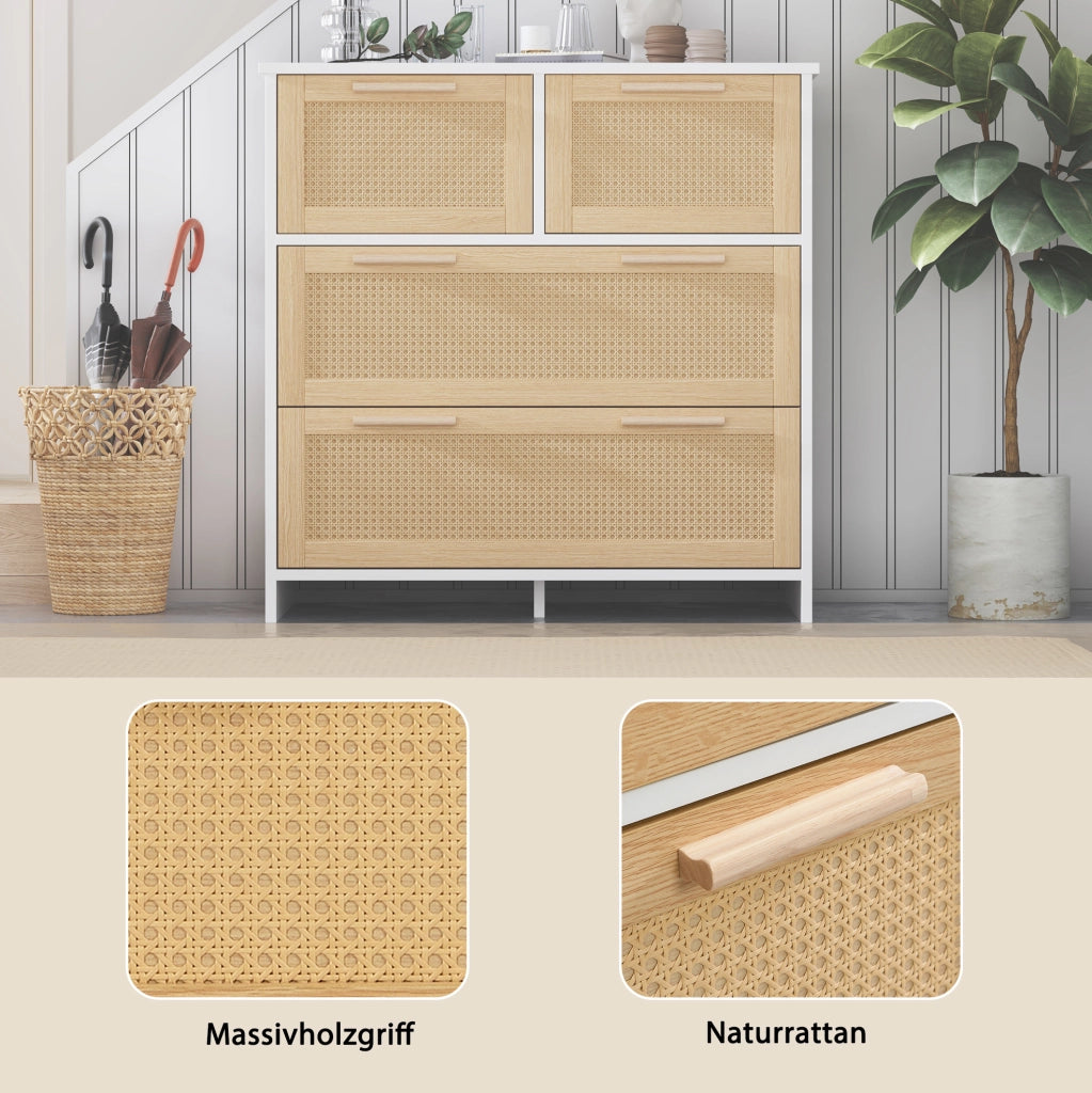 Cassettiera in rattan naturale con 4 cassetti 80x80x38 cm; bianco e naturale