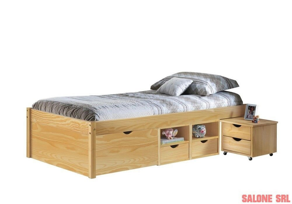 LETTO CON CONTENITORI + COMODINO CLAAS 96x209x47,5H PINO MASSELLO CON DOGHE
