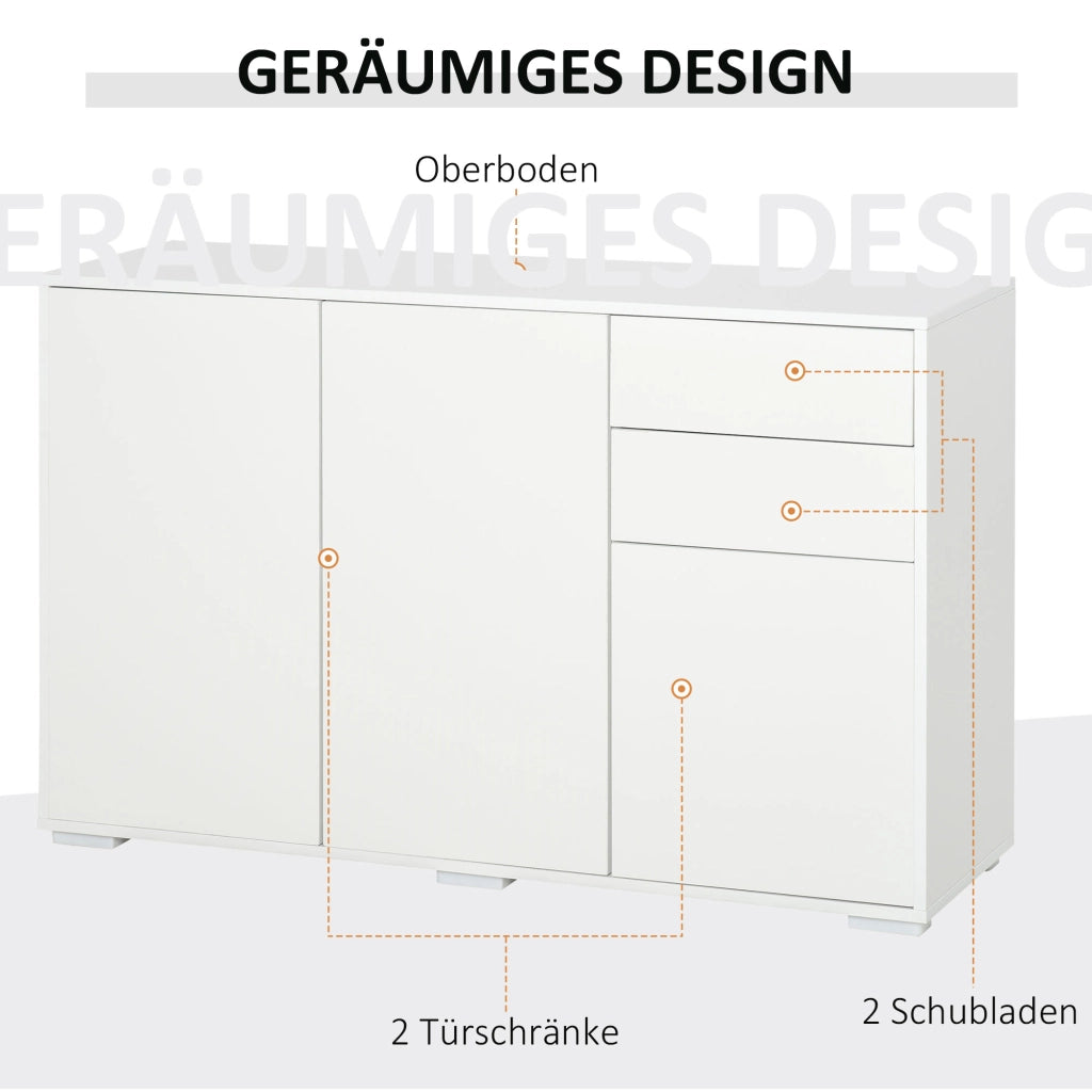 Sideboard bianco con 2 cassetti, 3 vani e ripiani regolabili, 117x36x74 cm