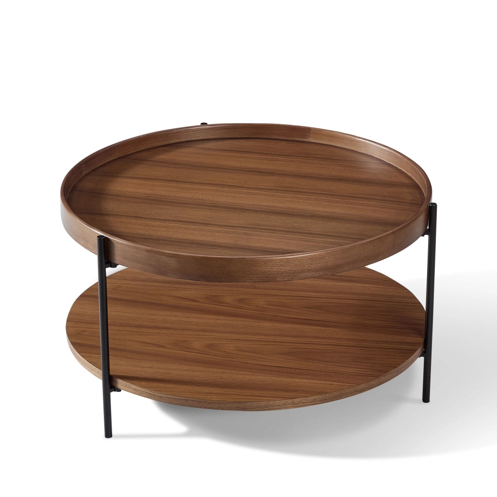 Tavolino basso con piano a due livelli e gambe in metallo, in legno massello e MDF, noce, per soggiorno, 44 × 44 × 48 cm