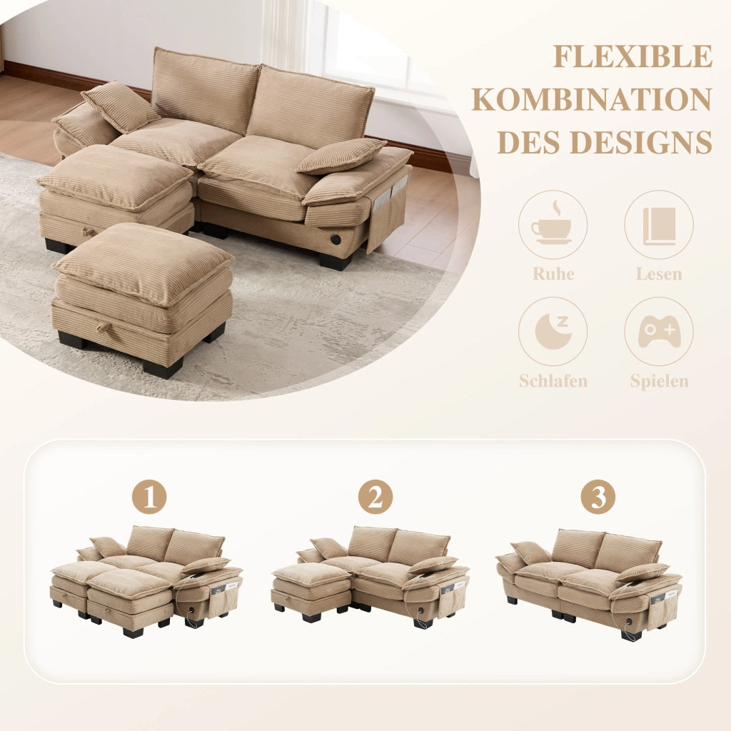 DIVANO MODULARE 2 POSTI CON 2 HOCKER 190x132x84 cm CORDUROY KHAKI