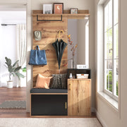 Set da ingresso con specchio; 4 ganci; asta; scarpiera per 9-12 paia e panca; MDF e truciolato; nero e legno; 191;5x105x40 cm