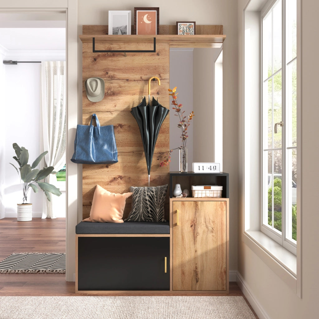 Set da ingresso con specchio; 4 ganci; asta; scarpiera per 9-12 paia e panca; MDF e truciolato; nero e legno; 191;5x105x40 cm
