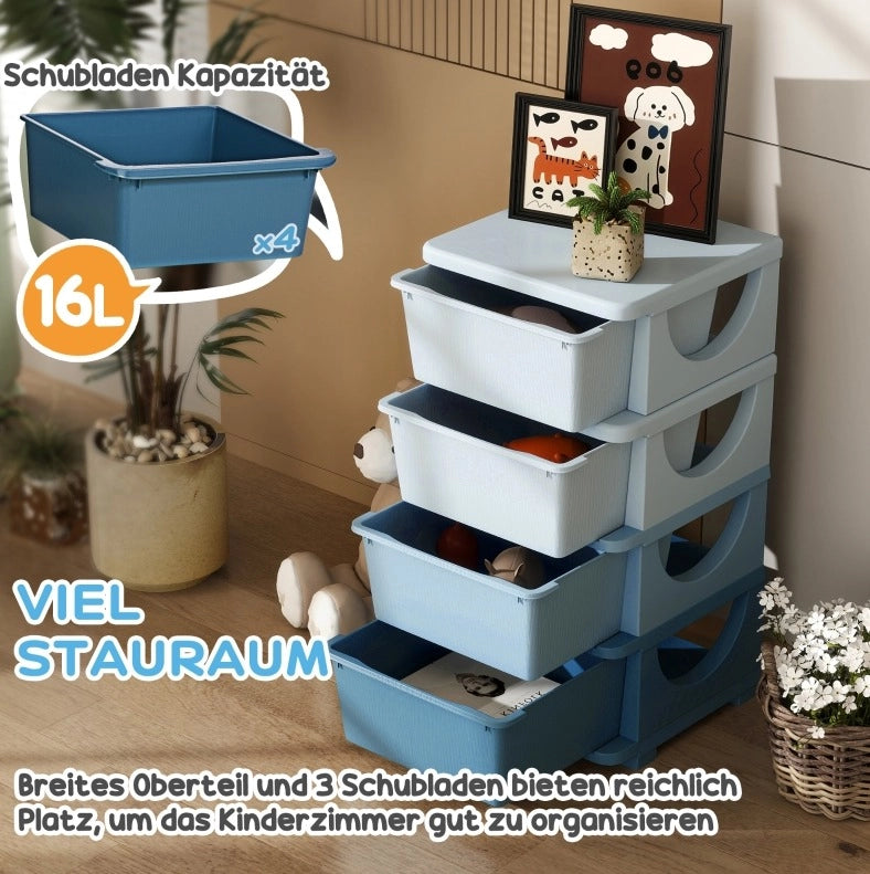 Mobile contenitore ULEVR per bambini 37x37x76 cm con 4 cassetti estraibili e seduta, plastica blu