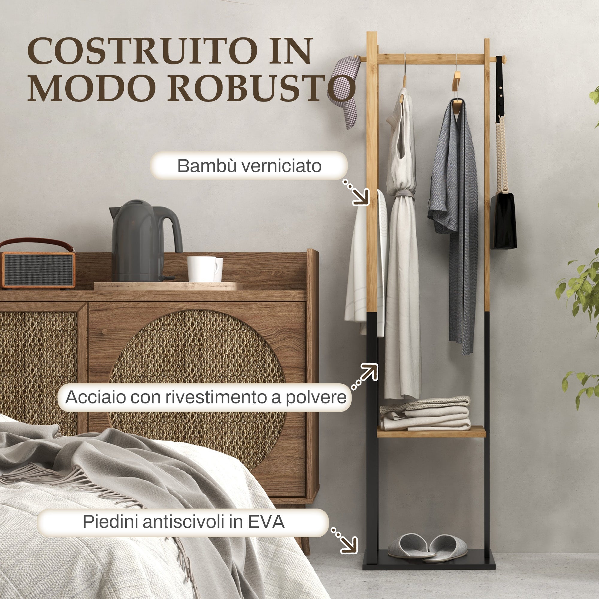 Appendiabiti da Terra 2 Ganci e 2 Ripiani 46x28,5x153,5 cm Legno e Nero