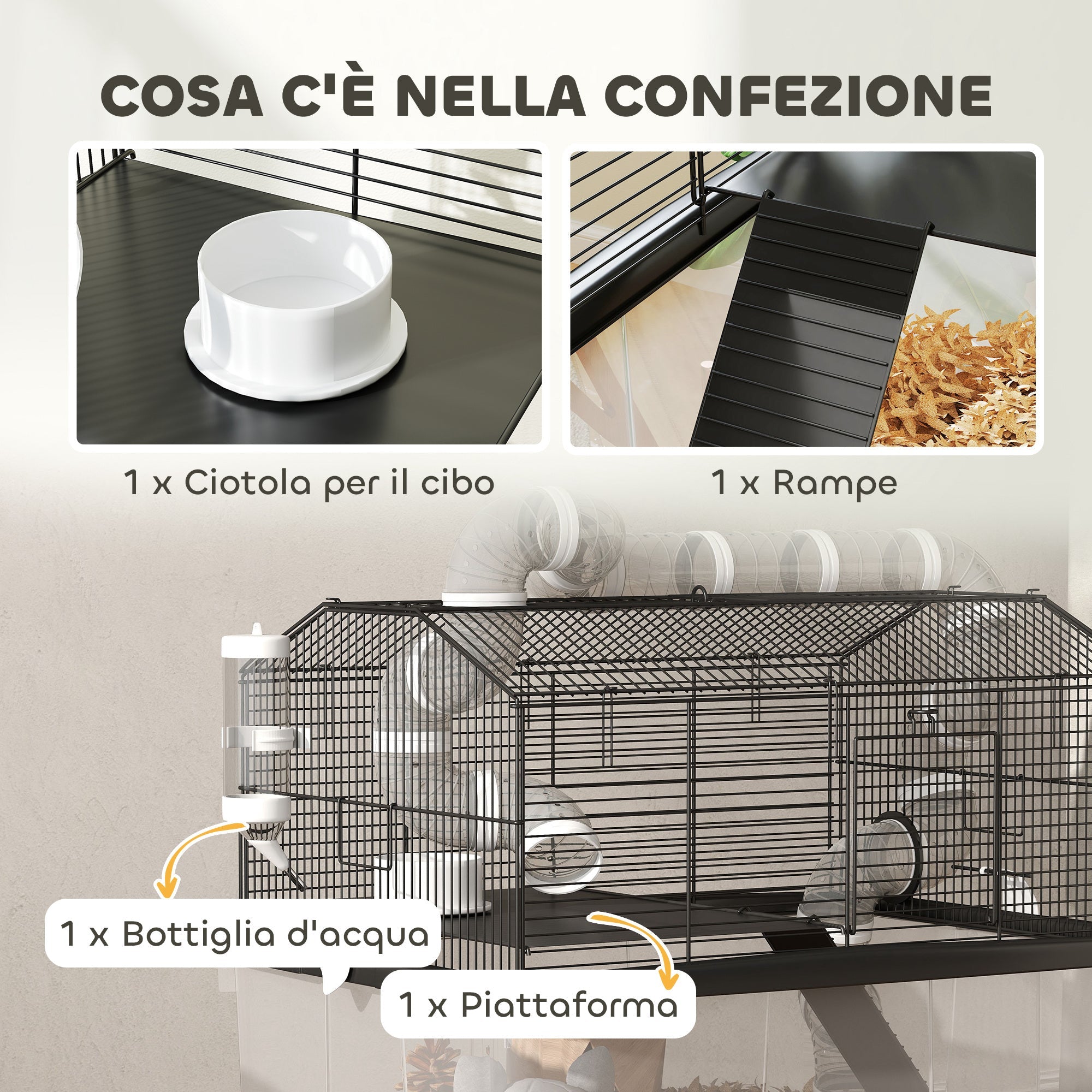 Gabbia per Criceti a 2 Piani 58x43x57 cm con Rampa e Accessori Nero