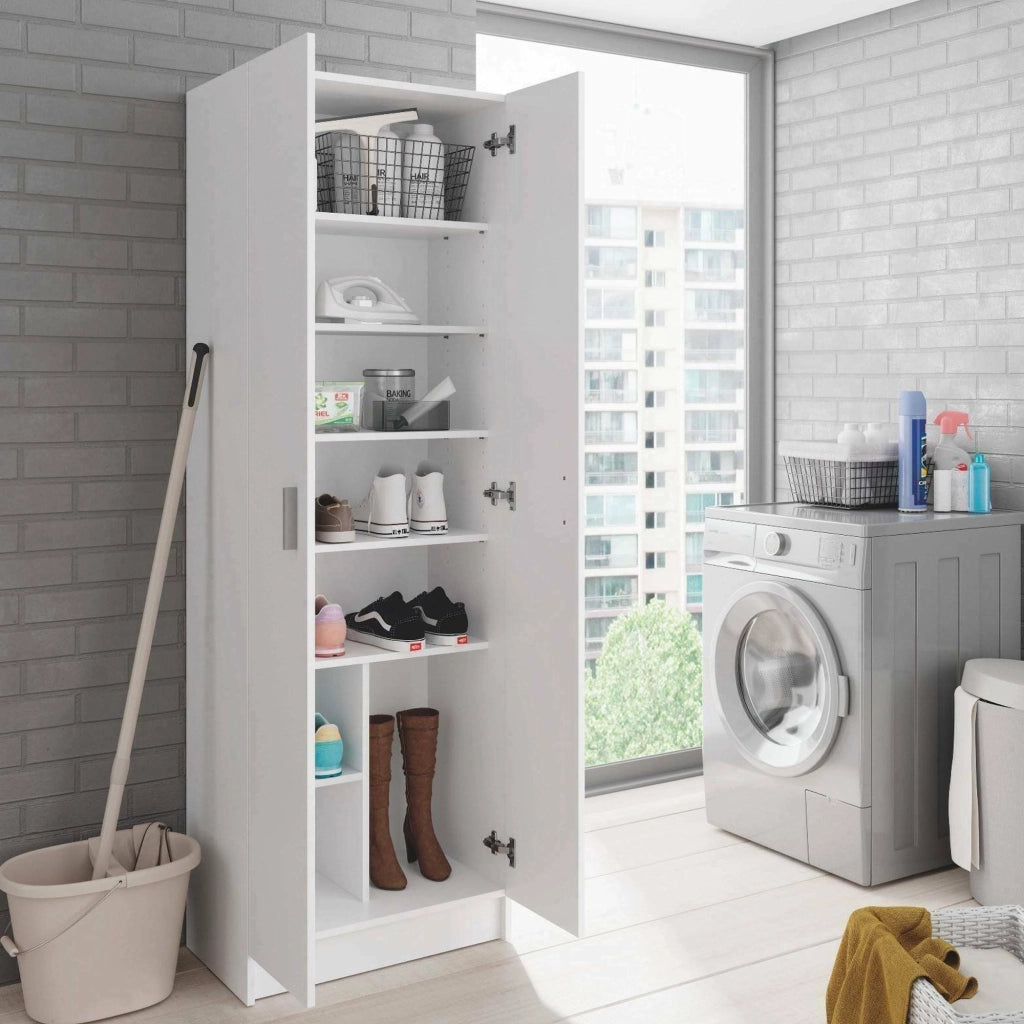 Armadio multiuso Altiplano, Mobile ausiliario a 2 ante, Guardaroba portascarpe moderno, Scarpiera verticale, cm 59x37h180, Bianco